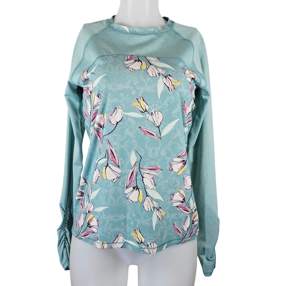 Calia Carrie Underwood Green Floral Ruched Sleeve Athletic Women's Top L